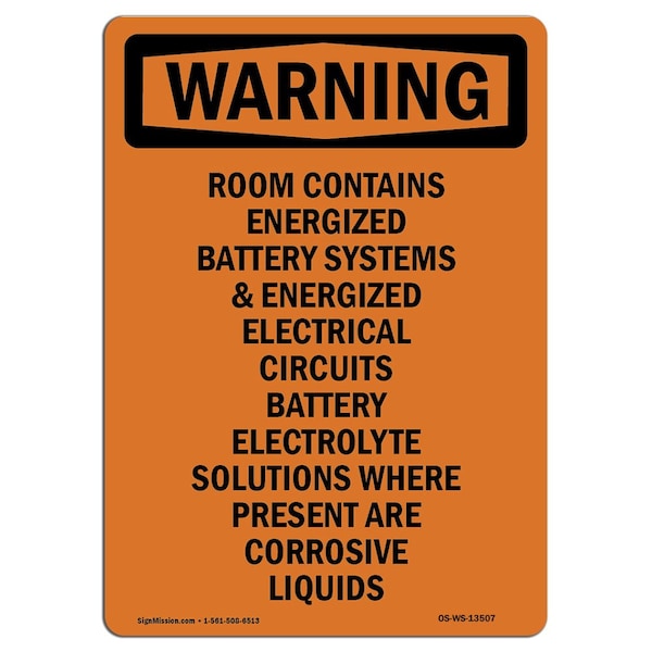 OSHA Warning Sign, 24" Height, Rigid Plastic, Room Contains Energized Battery, Portrait